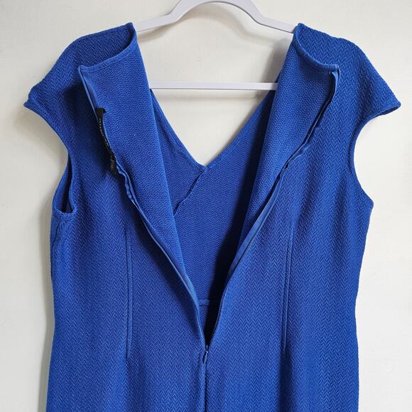 St. John Royal Blue Sheath Dress Size 14 Wool Blend Faux Wrap Cap Sleeves Mature - Picture 3 of 8